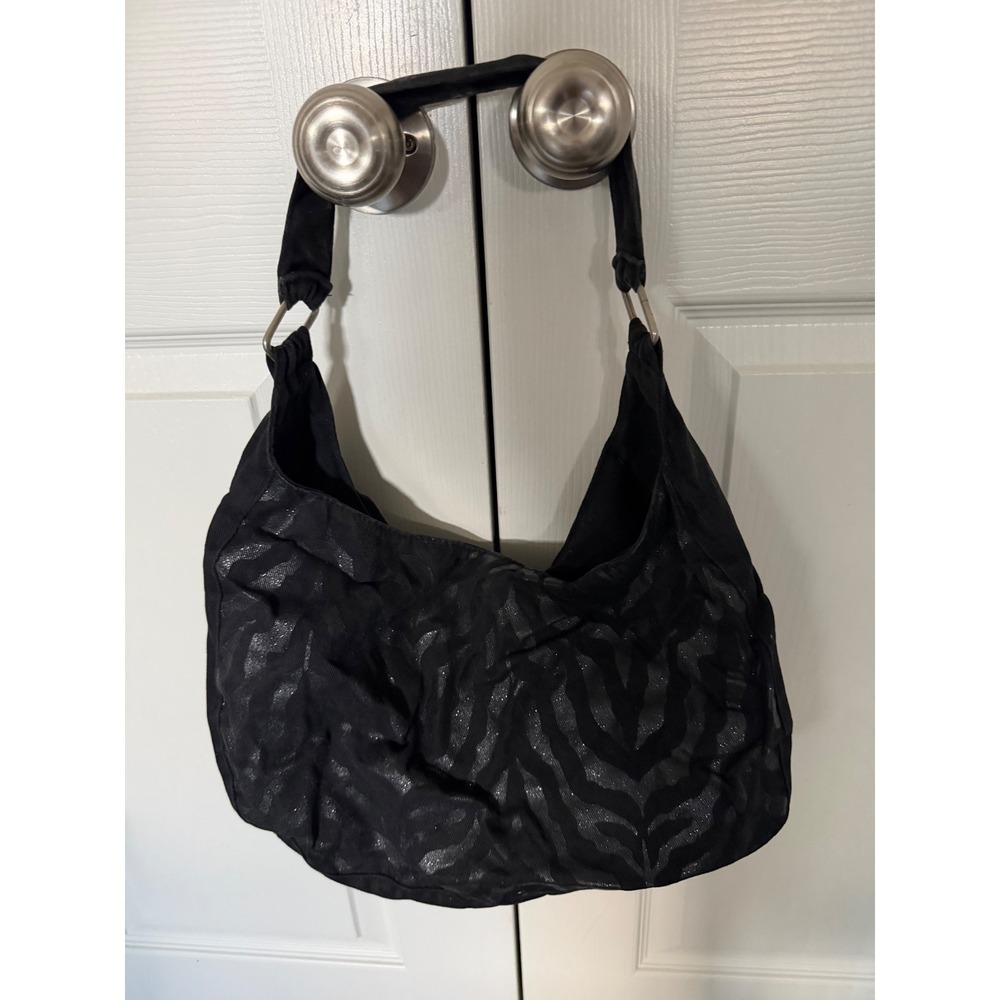 Black Metallic Zebra Print Hobo Shoulder Bag Slouchy Y2K Animal Print Handbag